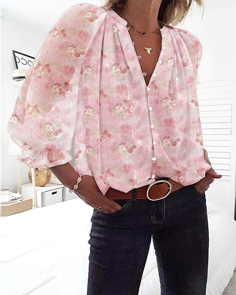 Glitter Lurex Floral Print Long Sleeve Blouse Front Button Casual Top