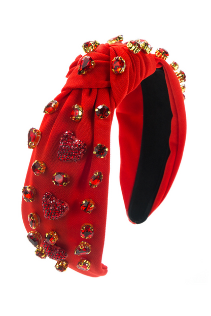 Fiery Red Rhinestone Heart Glass Drill Studded Knotted Wide Headband