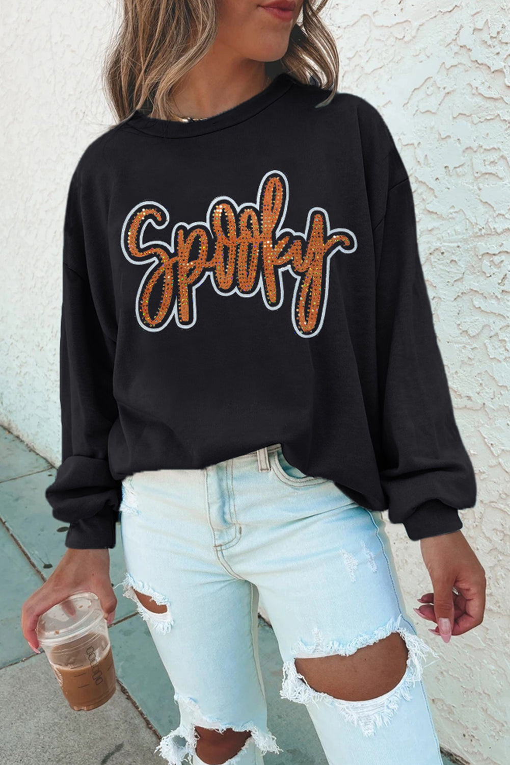 Black Spooky Rhinestone Drop Shoulder Graphic Sweatshirt