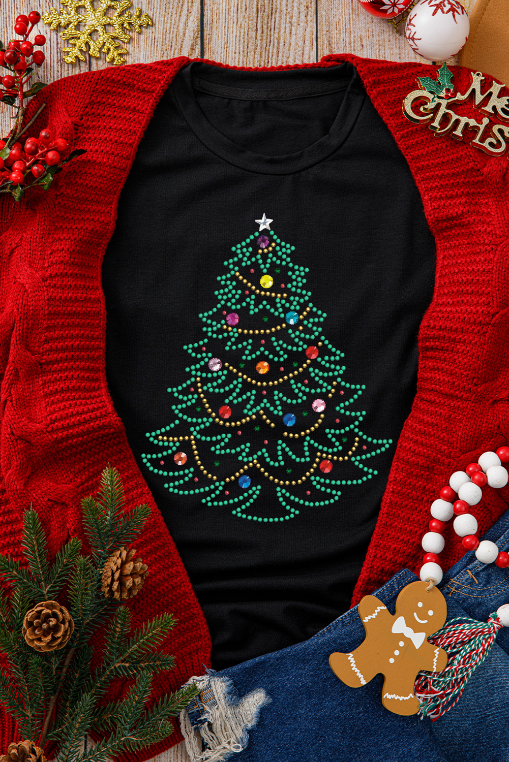 Black Rhinestone Christmas Tree Round Neck Graphic Tee