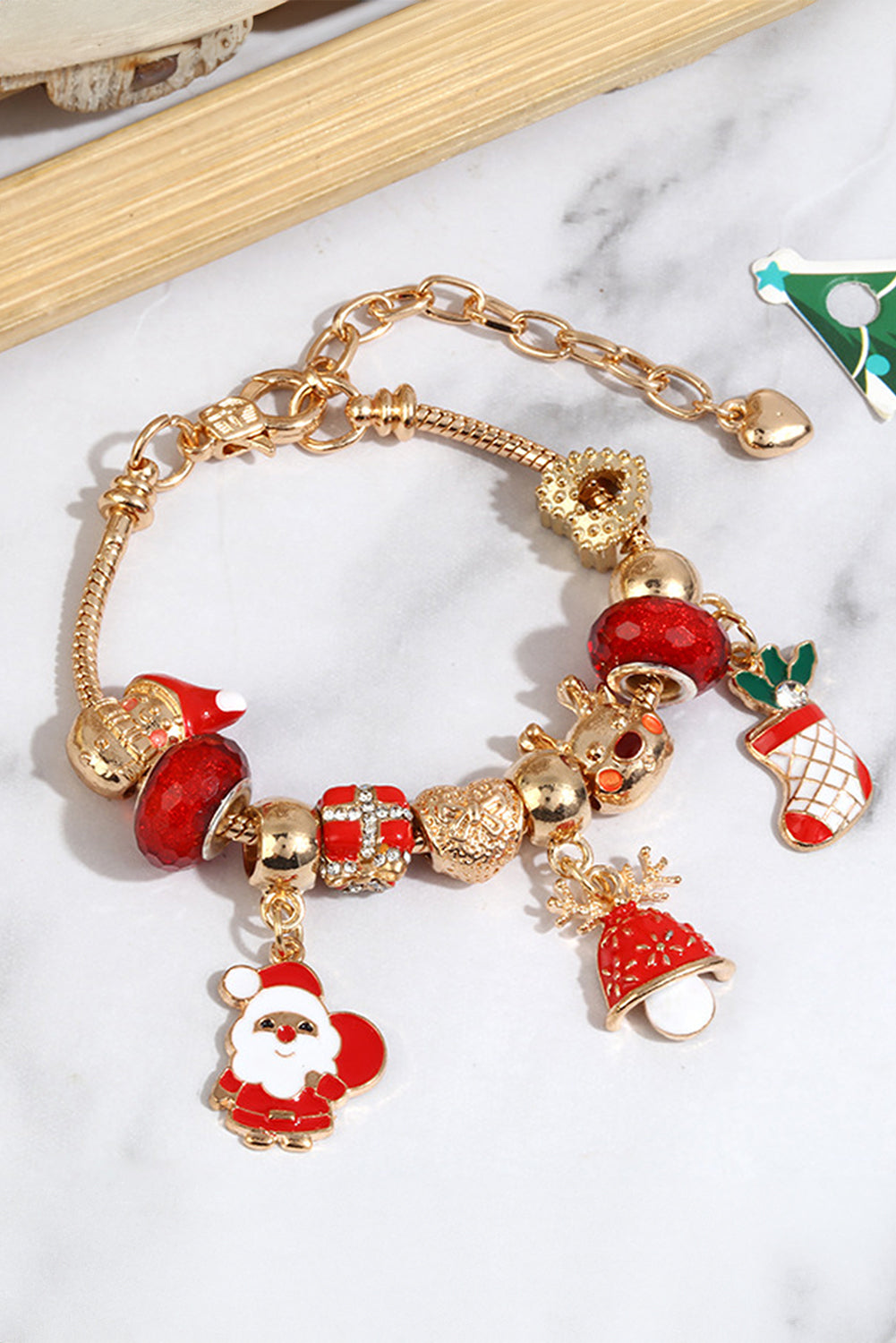 Racing Red Christmas Pendant Adjustable Plated Beaded Bracelet