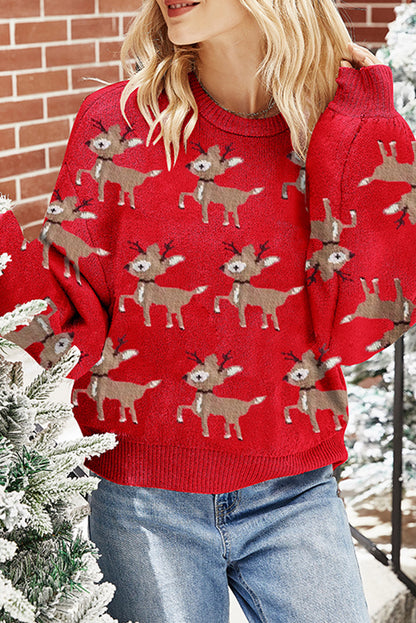 Racing Red Christmas Reindeer Pattern Drop Shoulder Sweater