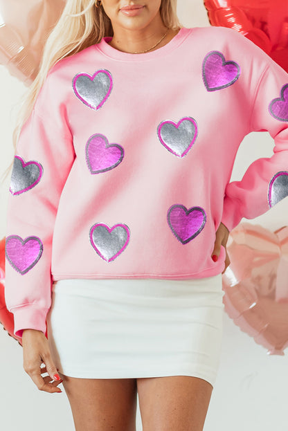 Pink Valentines Heart Patched Drop Shoulder Sweatshirt