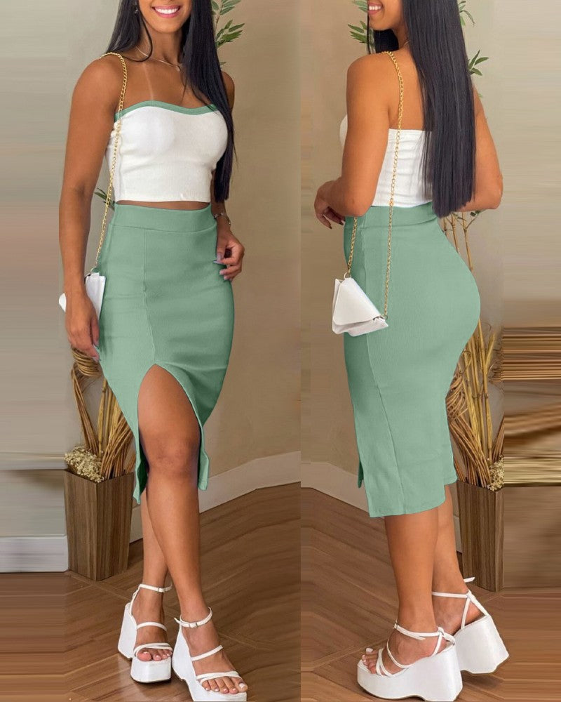 2 Pieces Colorblock Bandeau Strapless Top and Side Slit Slim Fit Skirt Set