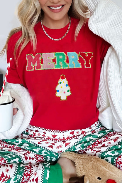 Red Chenille MERRY Christmas Tree Graphic Tee