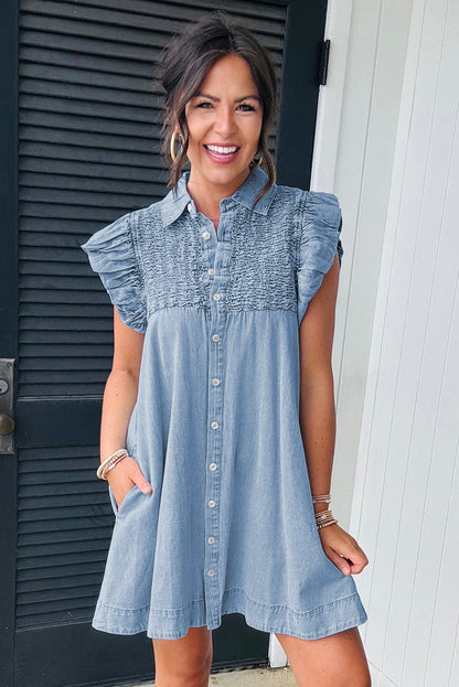 Beau Blue Flutter Sleeve Shirred Detail Button Up Denim Mini Dress