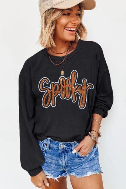 Black Spooky Rhinestone Drop Shoulder Graphic Sweatshirt