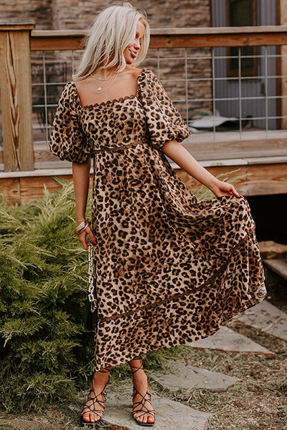 Brown Leopard Print Bubble Sleeve Square Neck Maxi Dress