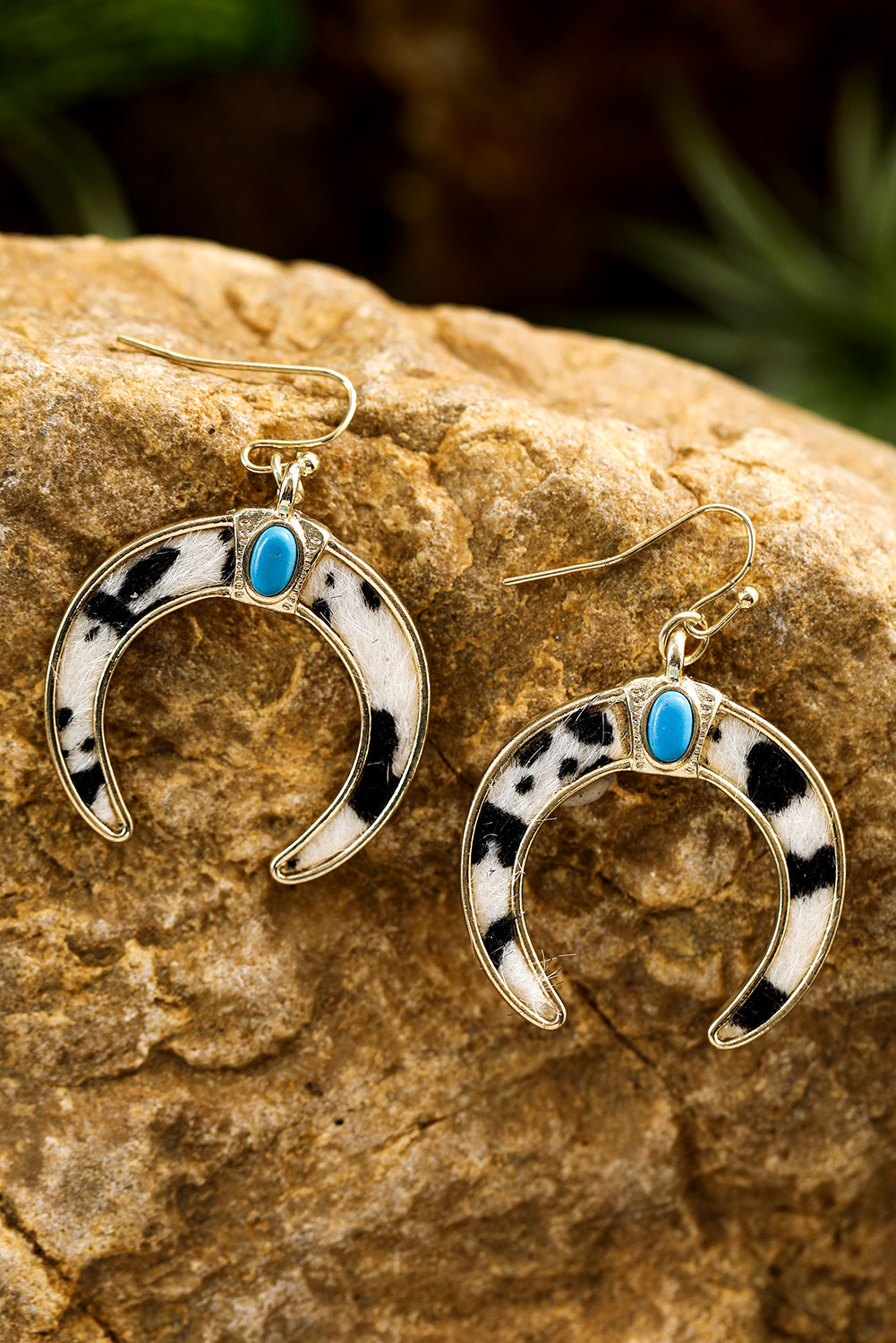 Black Cow Print Turquoise Inlay Crescent Shaped Dangle Earrings