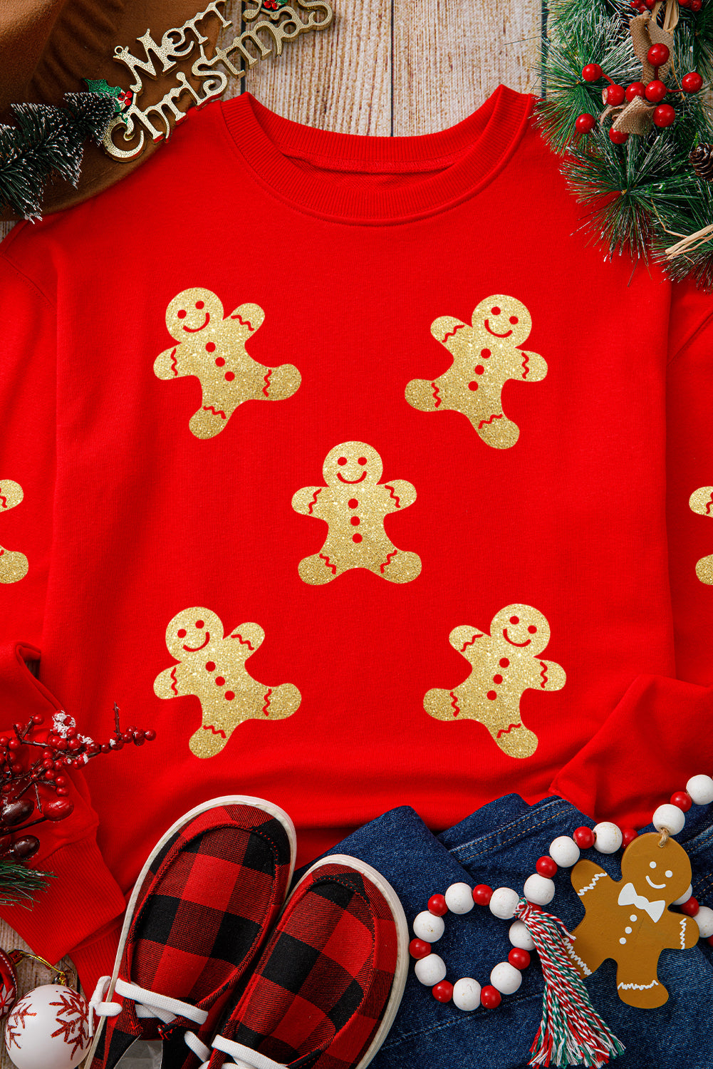 Red Cute Gingerbread Print Christmas Pullover Sweatshirt