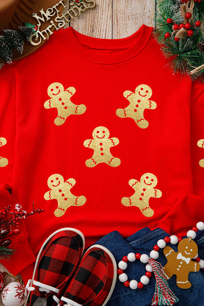 Red Cute Gingerbread Print Christmas Pullover Sweatshirt