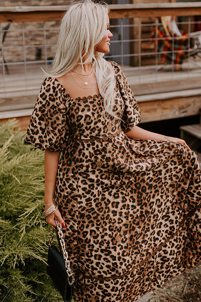 Brown Leopard Print Bubble Sleeve Square Neck Maxi Dress