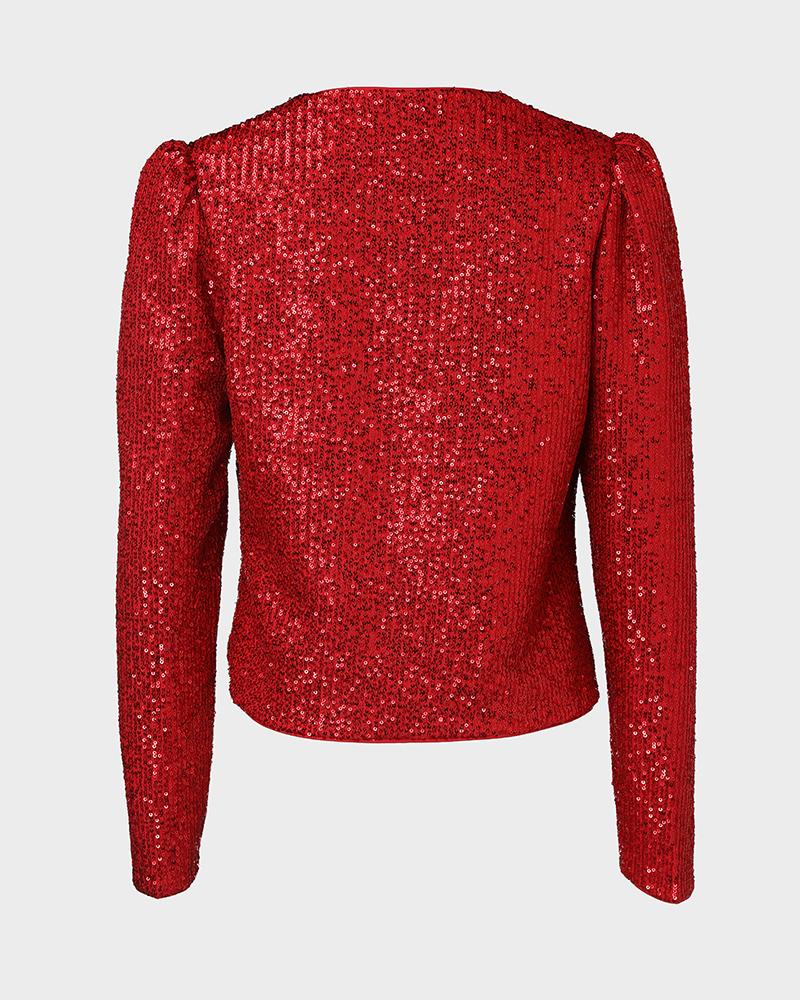 Sparkly Sequin Open Front Puff Sleeve Blazer Coat