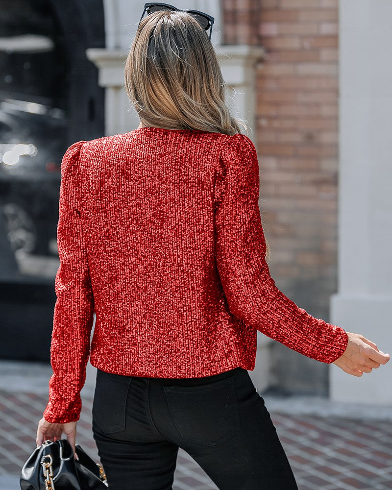 Sparkly Sequin Open Front Puff Sleeve Blazer Coat