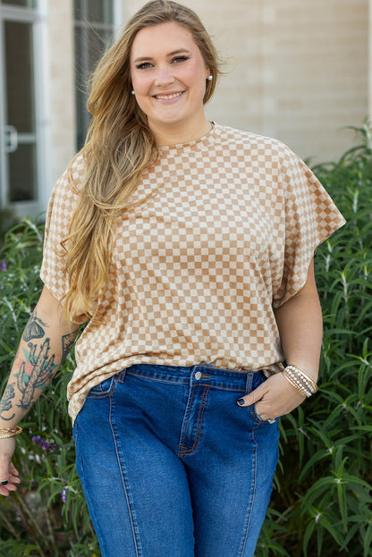 Khaki Checkerboard Short Batwing Sleeve Round Neck Plus Size T Shirt