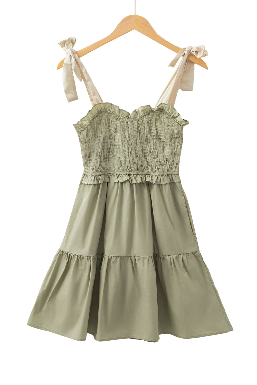 Laurel Green Smocked Bodice Self-tie Straps A-line Ruffled Mini Dress