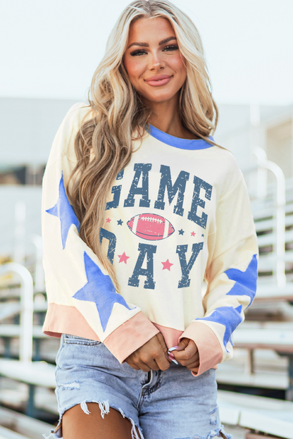 Beige GAME DAY Rugby Football Graphic Contrast Trim Pullover Sweatshirt