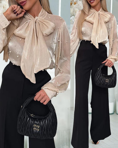 Tie Neck Beaded Long Sleeve Tied Detail Blouses Casual Shirts