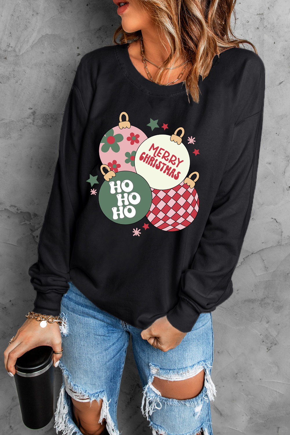 Black Floral Letter Christmas Ball Printed Crewneck Pullover Sweatshirt