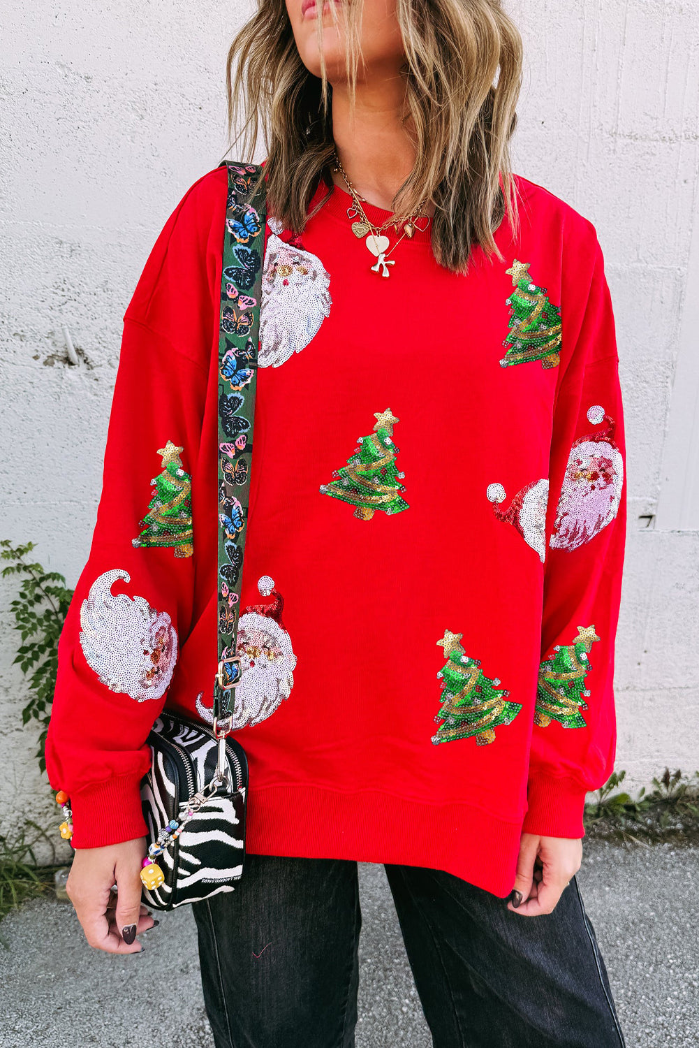 Red Santa Claus Christmas Tree Patched Pattern Drop Shoulder Sweatshirt