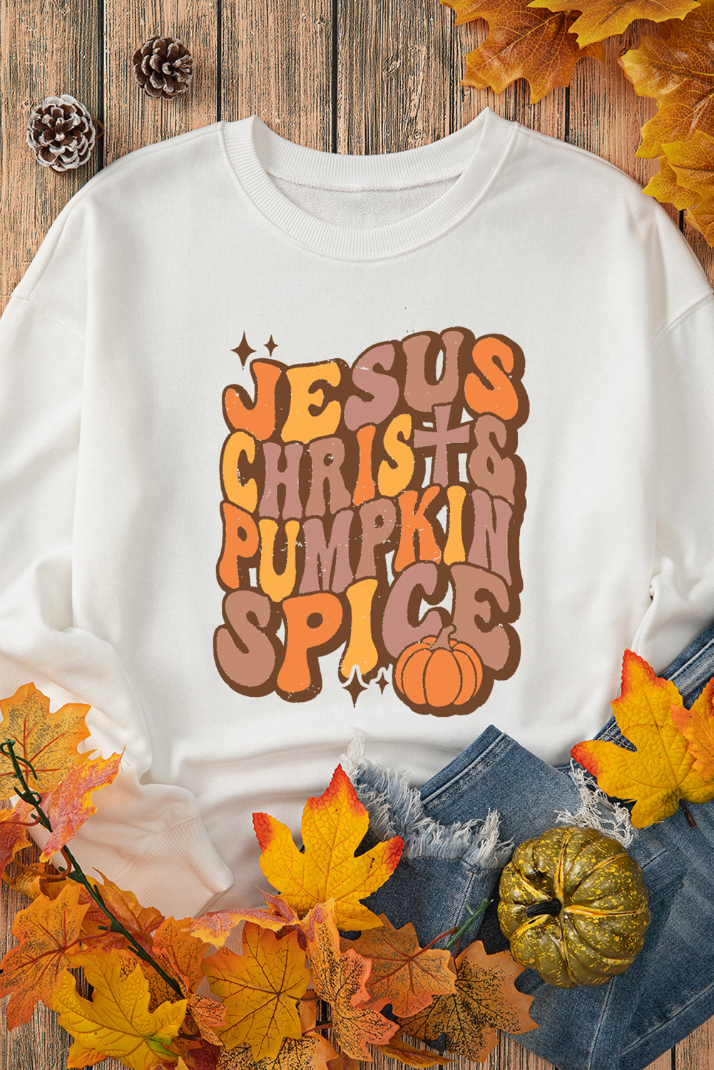 Beige JESUS CHRISH & PUMPKIN SPICE Graphic Drop Shoulder Sweatshirt