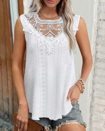 Contrast Lace V Neck Sleeveless Thick Strap Hollow out Knit Tank Casual Top