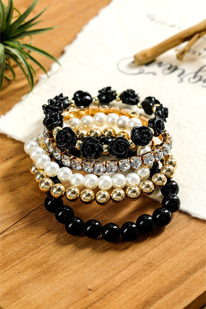 Black Flower Rhinestone Beaded Multi Layer Bracelet Set