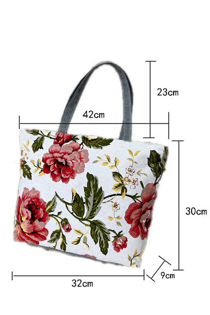 Dark Grey Flower Print Canvas Zipper Large Tote Bag