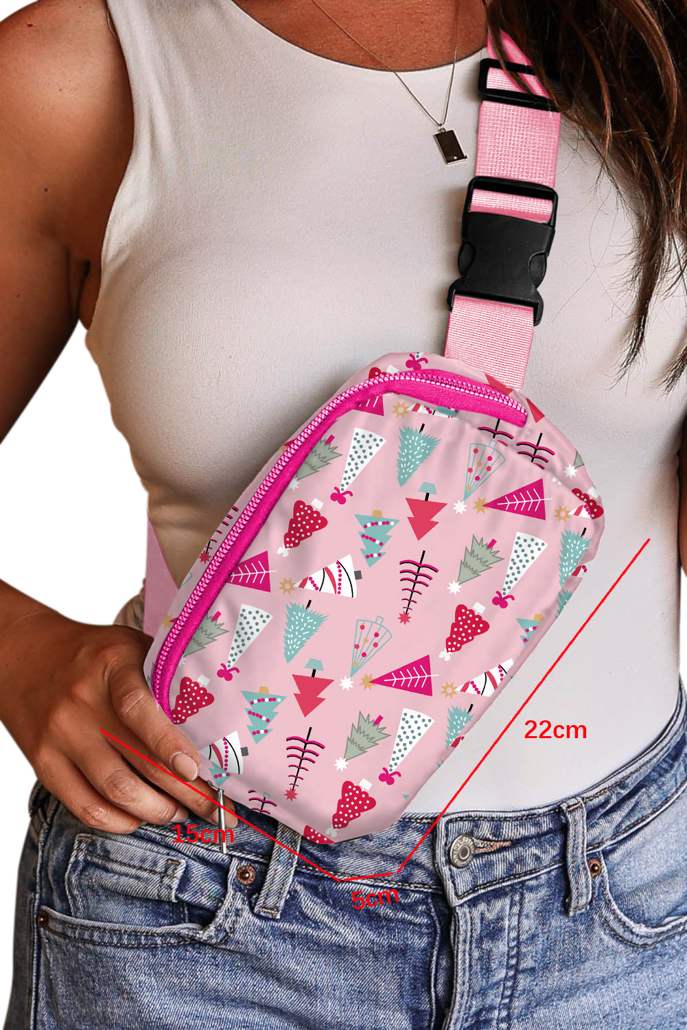 Pink Christmas Tree Print Buckle Wide Strap Sling Bag