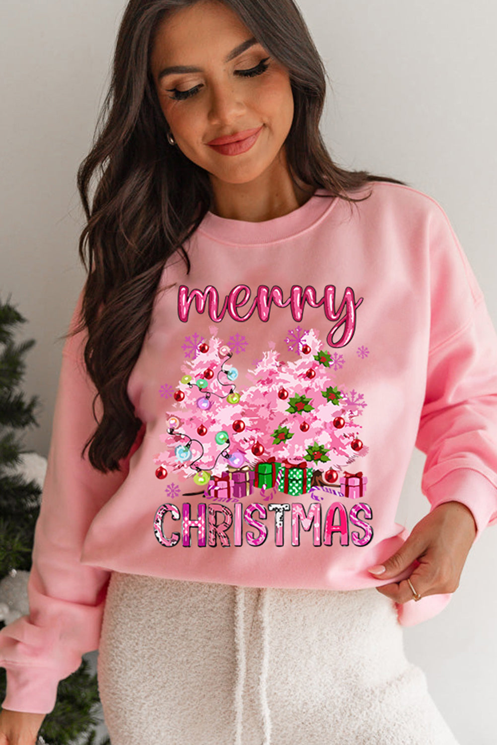 Pink Merry Christmas Graphic Crew Neck Pullover Sweatshirt