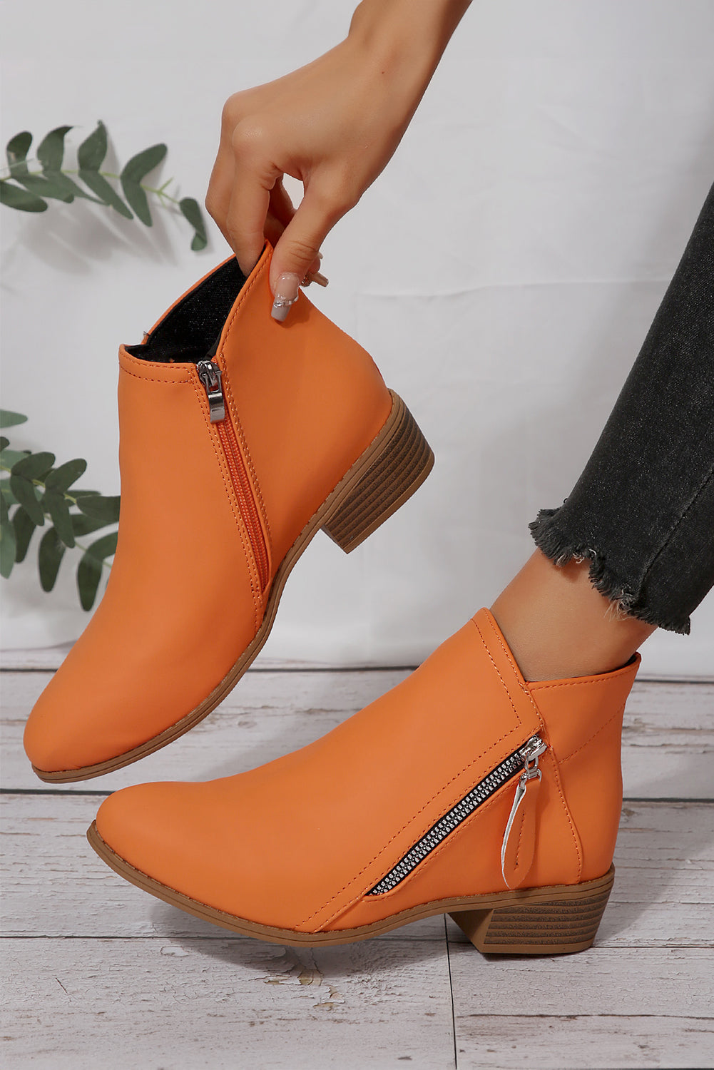 Orange Faux Leather Double Zip Low Heel Ankle Boots