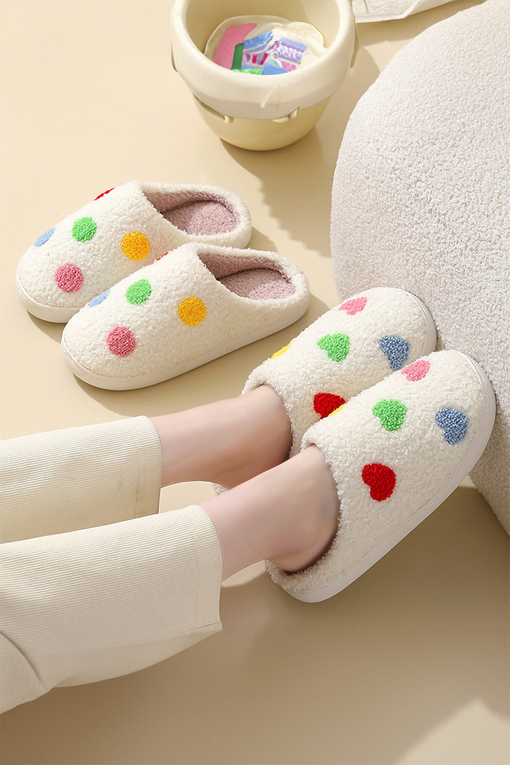 White Colorful Heart Shape Slip On Plush Winter Slippers