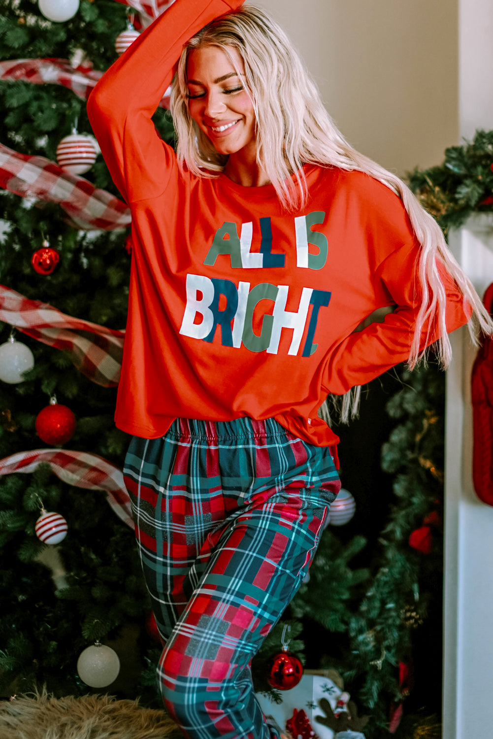 Multicolor ALL IS BRIGHT Graphic Christmas Plaid Pajamas Set