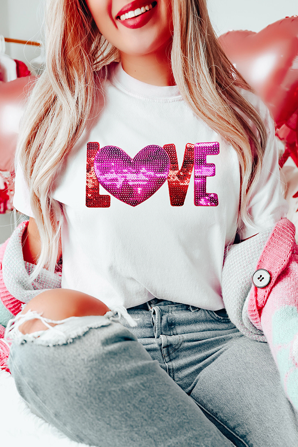 White Heart LOVE Patched Pattern Crewneck Valentines T Shirt