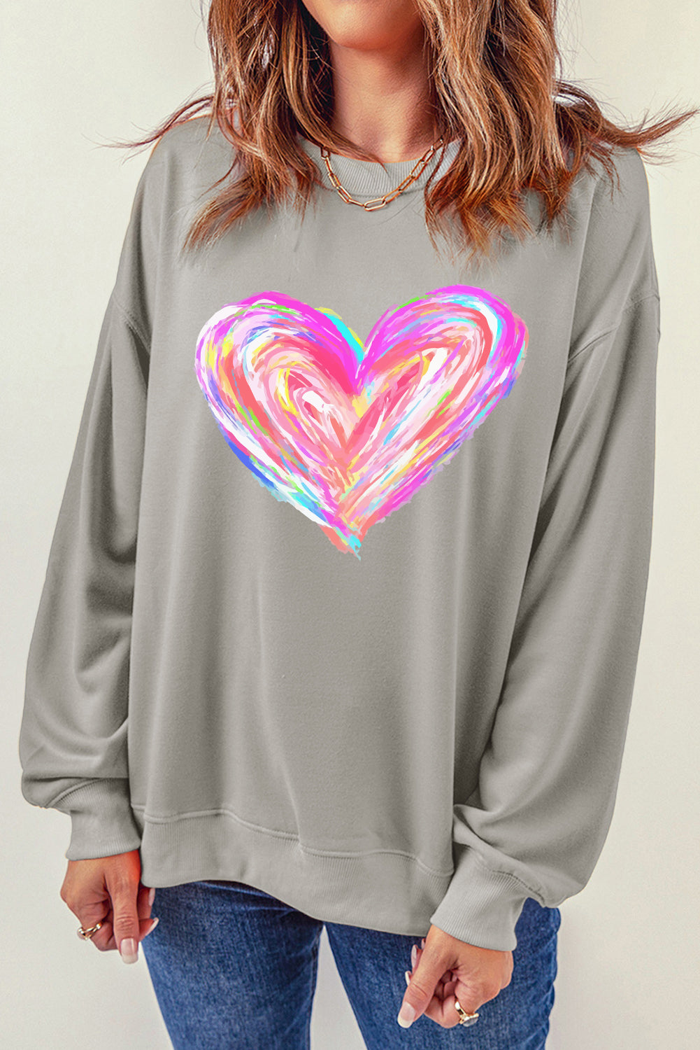 Gray Valentines Brushwork Heart Graphic Drop Shoulder Sweatshirt