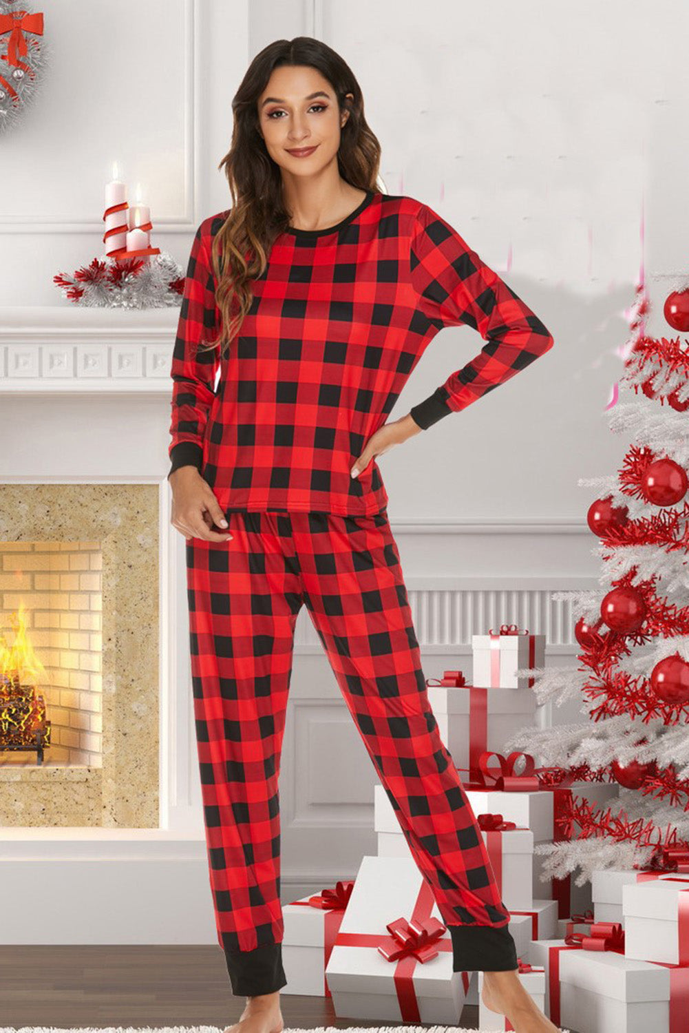 Fiery Red Christmas Reindeer Printed Long Sleeve Lounge Set