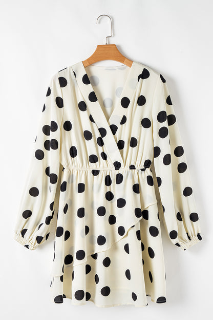 Beige Polka Dot Printed Surplice V Neck Puff Sleeve Mini Dress