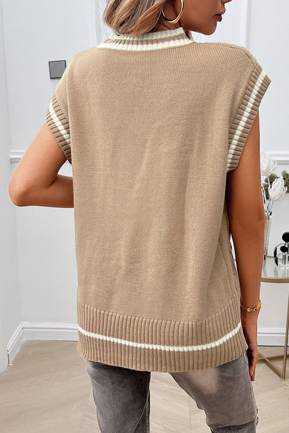 Light French Beige Colorblock V Neck Cap Sleeve Cable Knit Sweater