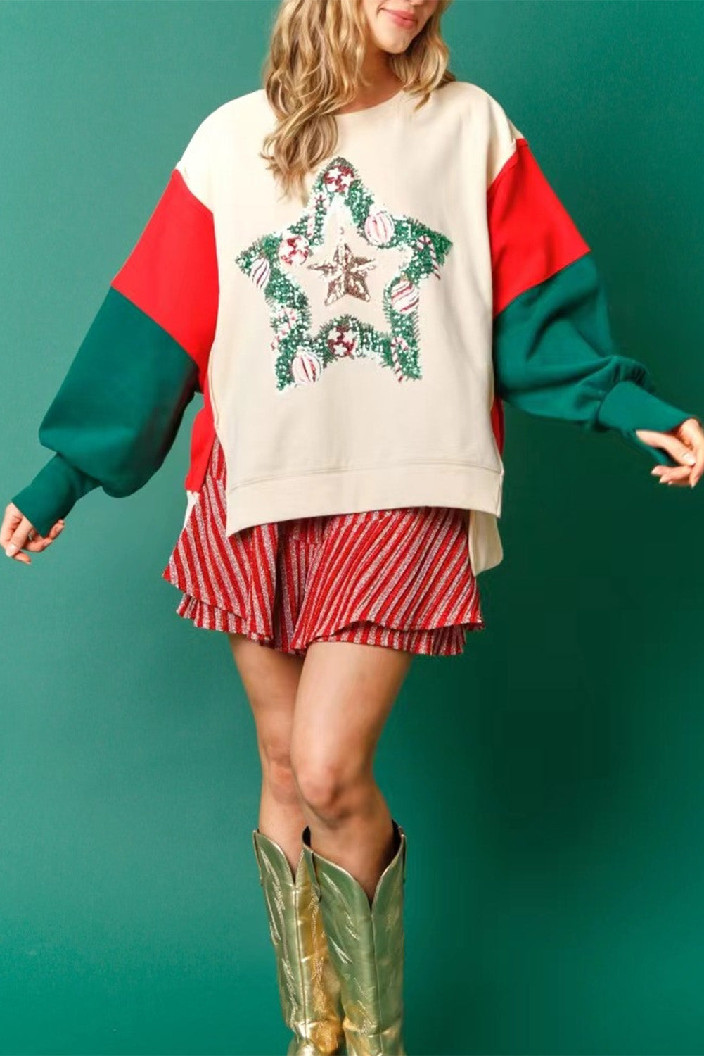 Apricot Christmas Tinsel Star Side Slits Colorblock Sweatshirt