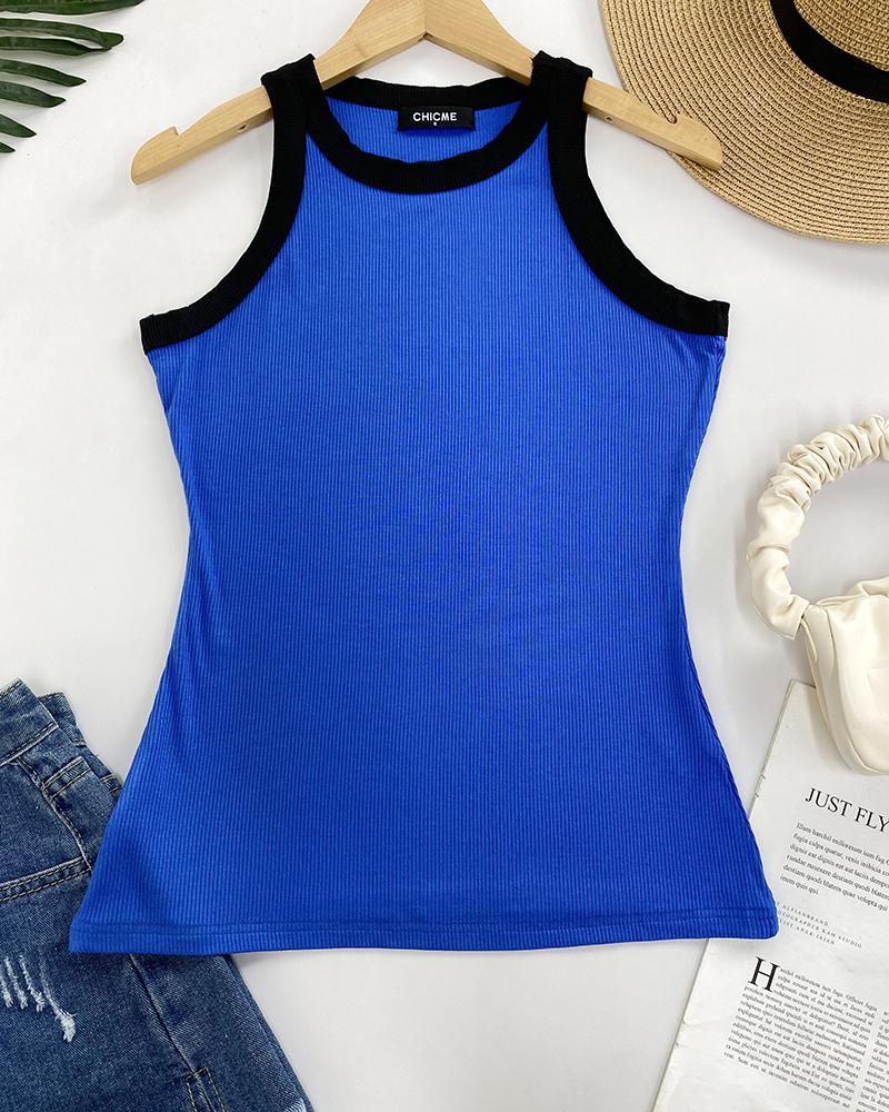 Contrast Binding Tank Tops Summer Sleeveless Basic Cami Top Shirt Slim Knit Ribbed Racerback Blouses