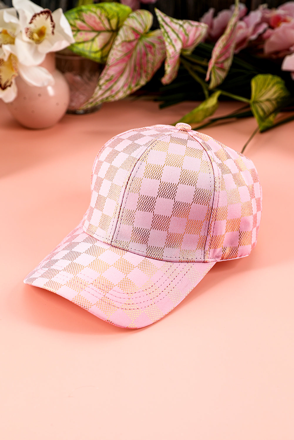 Light Pink Checkered Print Adjustable Baseball Cap