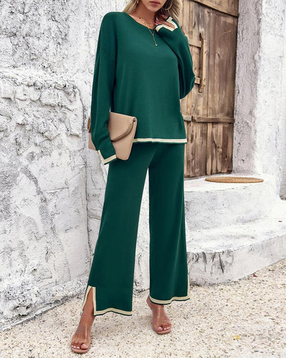 2PCS Round Neck Long Sleeve Slit Top & Straight Leg Pants Set