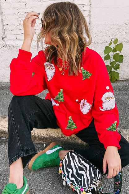 Red Santa Claus Christmas Tree Patched Pattern Drop Shoulder Sweatshirt