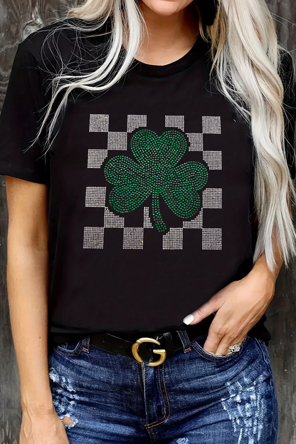 Black Clover Checkered Rhinestone Crew Neck T Shirt