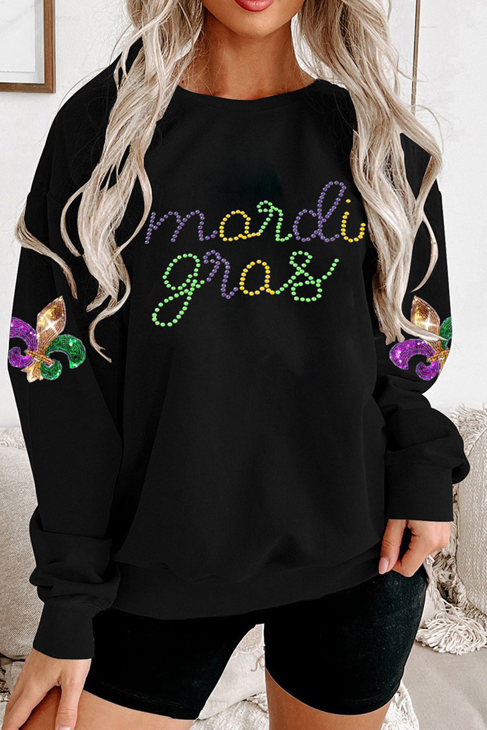 Black Ceramic Rhinestone mardi gras Letter Graphic Sweatshirt