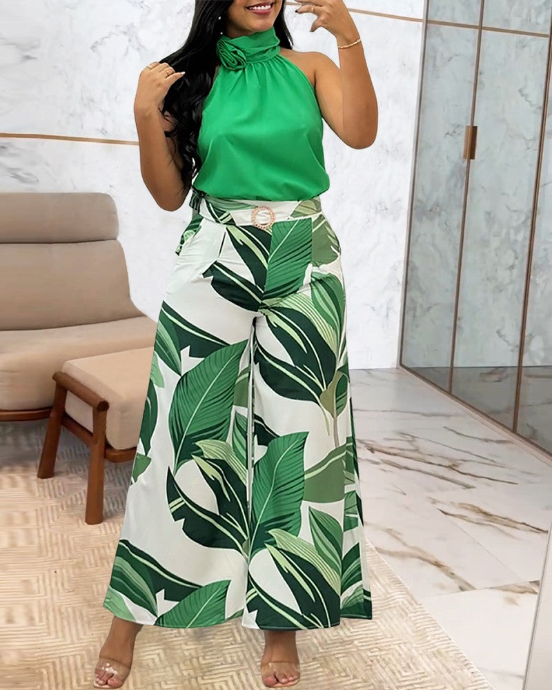 2 Piece Plants Print Rose Decor High Neck Sleeveless Tank Wide Leg Pants Vacation Pants Set