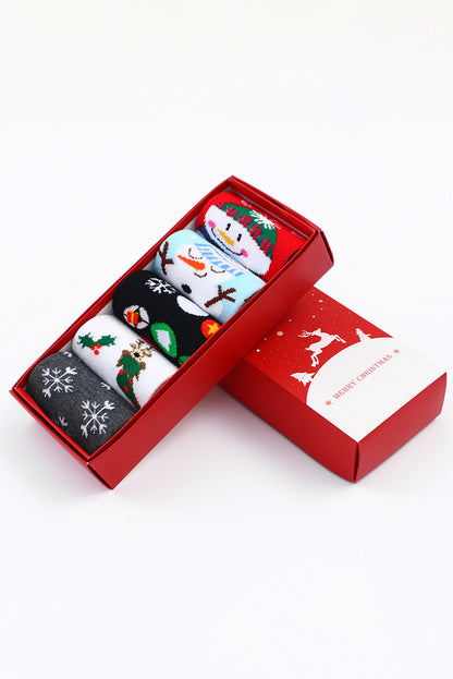 White Christmas Cartoon Pattern 5 Pairs/Set Socks Set with Box