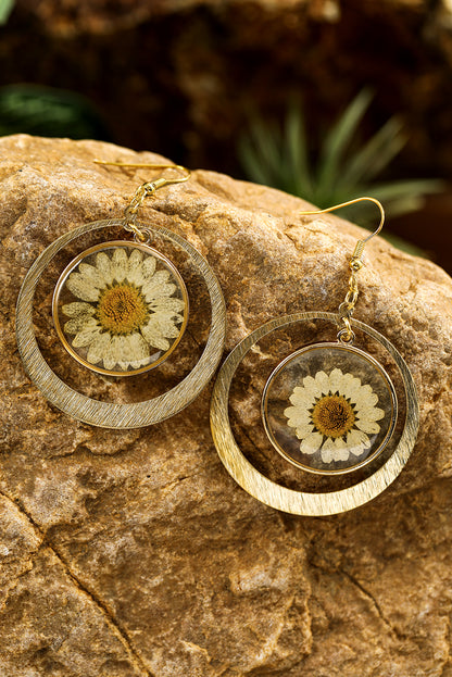 Gold Daisy Disc Dangle Hook Earrings