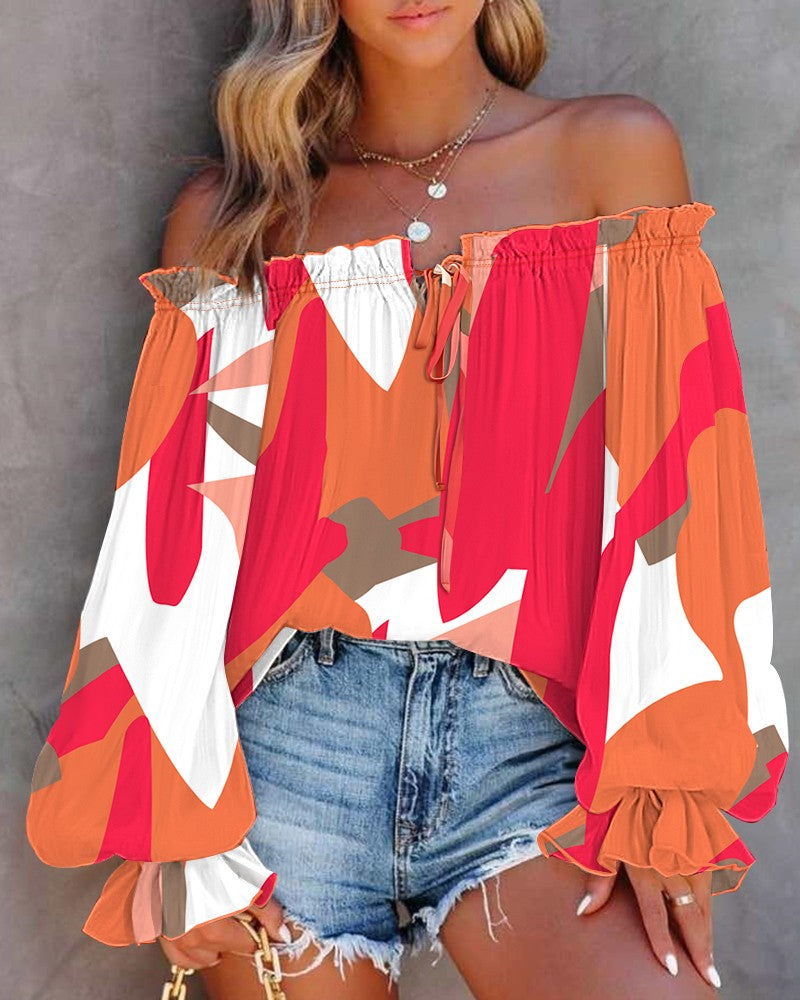 All Over Print Off Shoulder Lantern Sleeve Frill Hem Blouse Casual Top