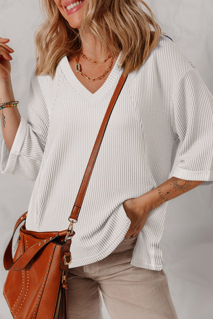 White Solid Color Corded Drop Shoulder 3/4 Sleeve V Neck Top